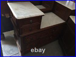 Antique Monumental 9 1/2 Foot Victorian Walnut Marble Top 4 Pc Bedroom Set