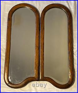 Antique Oak Beveled Glass Wall Mirror Folding 2 Panel 26x19.5 Rounded Arch