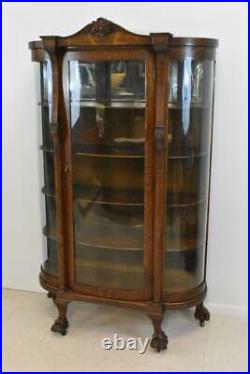 Antique Oak Curved Glass China Curio Cabinet Claw Feet