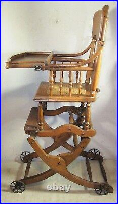 Antique Oak Wood Children's Highchair Stroller Rocking Chair Combo Child Ornate