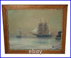 Antique Oil On Board, Sailboat At Sea, Antique Frame, Unknown Artist