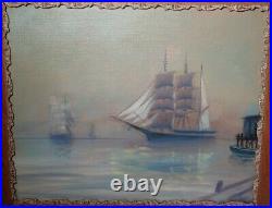 Antique Oil On Board, Sailboat At Sea, Antique Frame, Unknown Artist