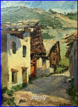 Antique Oil Vintage Original Painting Landscape Mountain Village and Chalets