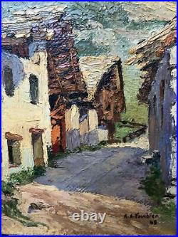 Antique Oil Vintage Original Painting Landscape Mountain Village and Chalets