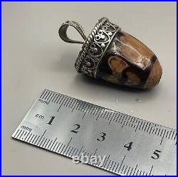 Antique Old Indo Tibetan Himalayan Dzi Agate silver brass Amulet pendant