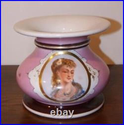 Antique Painted Vase Porcelain French Lady Portrait Pink Rare Old 19th