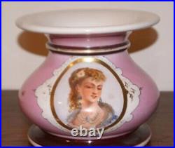 Antique Painted Vase Porcelain French Lady Portrait Pink Rare Old 19th
