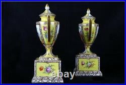 Antique Pair Of Small Porcelain Amphora Vases Lids Dresden Gild Germany Rare19th