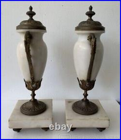 Antique Pair Vases France Brass Marble Spiatr Decor Collector Rare Old 20th