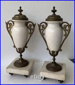Antique Pair Vases France Brass Marble Spiatr Decor Collector Rare Old 20th