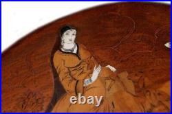 Antique Tablet Finely Inlaid Wood Lady Sitting Wallnut France Sheep Art Old 19th