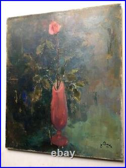 Antique VINTAGE Oil Postimpressionism painting Bouquet of Rose vase opaline