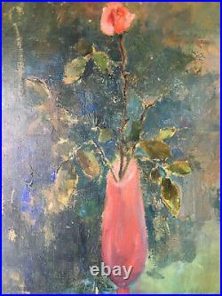 Antique VINTAGE Oil Postimpressionism painting Bouquet of Rose vase opaline
