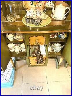 Antique VIntage french COTTAGE 7p China CABineT Table CHairs DisPLAY CuriO
