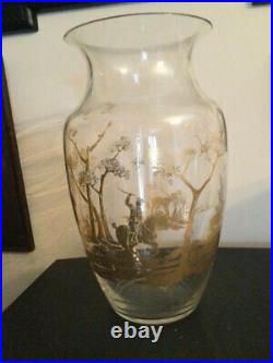 Antique Vase Glass Decorated With A Gold Hunting Scene Tree Horse Rare Old 19th
