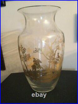 Antique Vase Glass Decorated With A Gold Hunting Scene Tree Horse Rare Old 19th