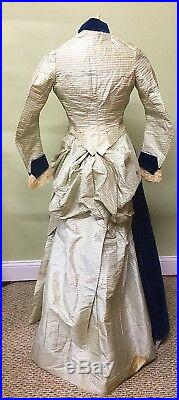 Antique Victorian 1860s Silk Taffeta And Velvet Dress With Bustle