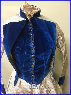 Antique Victorian 1860s Silk Taffeta And Velvet Dress With Bustle