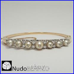 Antique Victorian Artnouveau 14k Gold Platinum Bangle Bracelet Diamonds Pearls
