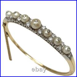 Antique Victorian Artnouveau 14k Gold Platinum Bangle Bracelet Diamonds Pearls