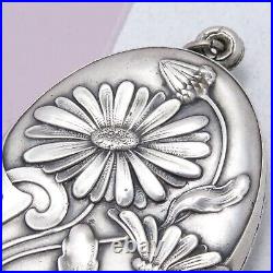 Antique Victorian Daisy Flower LARGE Slide Mirror 800 Silver Locket Pendant