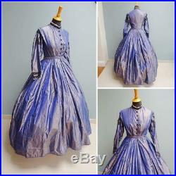 Antique Victorian Dress Semi Mourning Taffeta Crinoline Civil War Era c1860