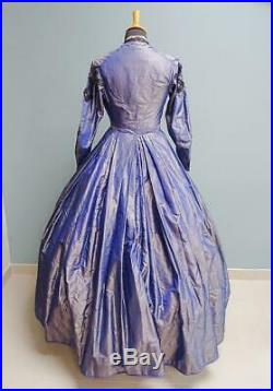 Antique Victorian Dress Semi Mourning Taffeta Crinoline Civil War Era c1860