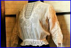 Antique Victorian Edwardian Women's White Lacy Blouse Sheer Pleats Button back