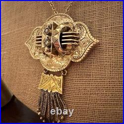Antique Victorian Large 10K Yellow Gold Seed Pearl Tassel Pendant On GF Chain