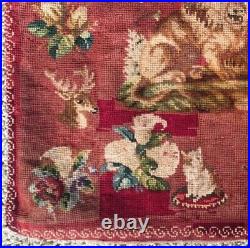 Antique Victorian Needlepoint Child's Sampler Pillow Cover 19 x 17.5 Lion Dog