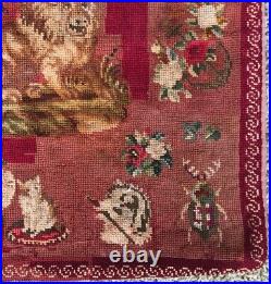 Antique Victorian Needlepoint Child's Sampler Pillow Cover 19 x 17.5 Lion Dog