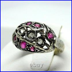 Antique Victorian Sterling Silver Natural Ruby White Sapphire Handmade Ring Sz 5
