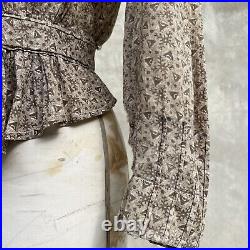 Antique Victorian Triangle Amoeba Calico Print Blouse Dress Top Brown Cotton Vtg