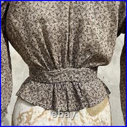Antique Victorian Triangle Amoeba Calico Print Blouse Dress Top Brown Cotton Vtg