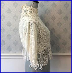 Antique Victorian to Edwardian Off White Irish Lace Silk Lined Women's Blouse