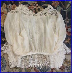 Antique Victorian to Edwardian Off White Irish Lace Silk Lined Women's Blouse