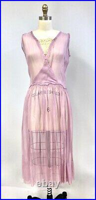 Antique Vintage 1920s Lavender Flapper Dress Sheer Georgette Dropped Waist S/M