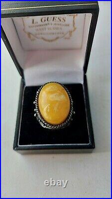 Antique Vintage 1960s Original Amber Ring Silver 875 11.12 Grams Yellow