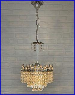 Antique Vintage Brass & Crystal Star shape Small Chandelier Ceiling Lamp UNIQUE