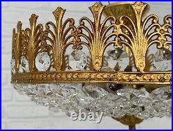 Antique Vintage Brass & Crystals Semi Flush Mount LARGE Low Ceiling Chandelier