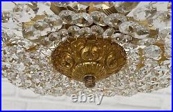 Antique Vintage Brass & Crystals Semi Flush Mount LARGE Low Ceiling Chandelier