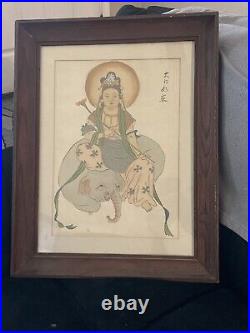 Antique Vintage Buddha On Elephant Original Chinese Republic Watercolor On Silk