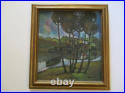 Antique Vintage Chinese Abstract Modernist Landscape Painting Daolam Village Sea