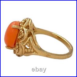 Antique Vintage Deco Retro 14k Yellow Gold Carved Angelskin Coral Ring Sz 3.5