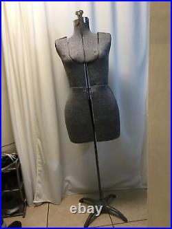 Antique Vintage Dress Form Sewing Mannequin Adjustable Woman Gray Fabric WithStand