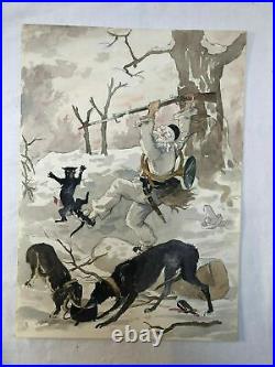 Antique Vintage Original Drawing Harlequin, Dogs, Hunting