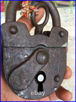 Antique Vintage Original Indian Hand Forged Strong Iron Lock & Key Multi Use