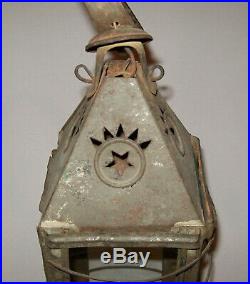 Antique Vtg 19th C 1850s Great Star Decorated Tin Whale Oil Candle Lantern Lamp