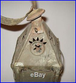 Antique Vtg 19th C 1850s Great Star Decorated Tin Whale Oil Candle Lantern Lamp