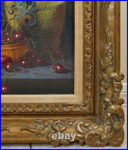 Antique/Vtg 24x20 SIGNED Fruit Oil Painting on Canvas Gold Carved Wood Frame